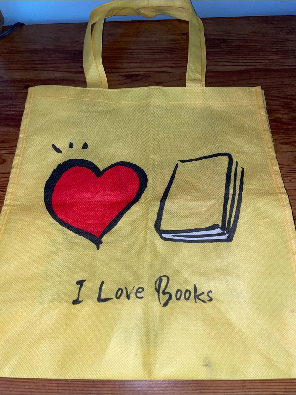 I Love Books Yellow Tote Bag with Red Heart Graphic